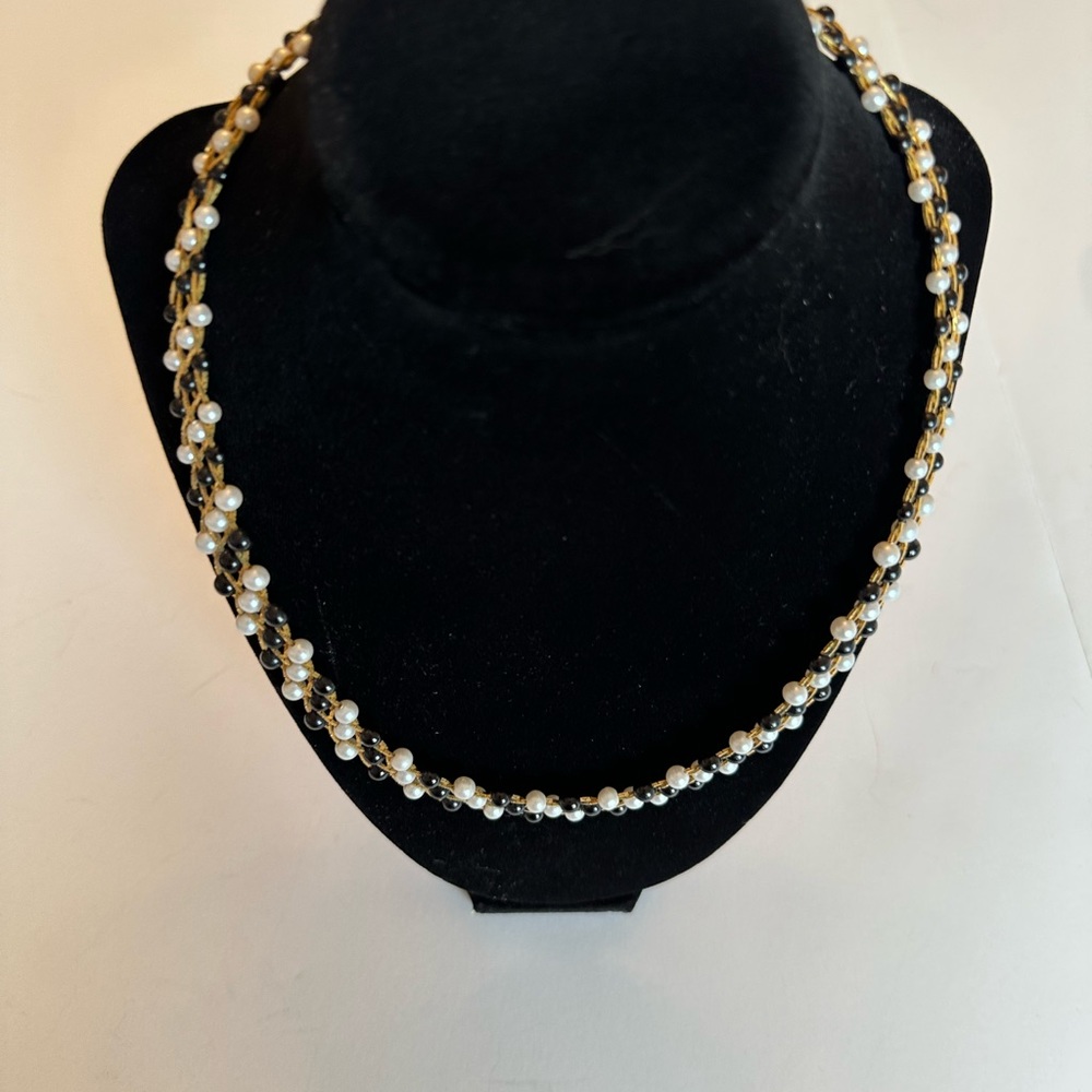 Black and Pearl Beads Woven With Gold Tone Wire in a Unique Design